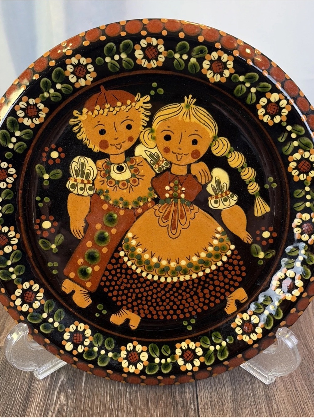 Hand Painted Swiss Folk Art Ceramic Wall Plate Couple Earthy Colors Floral Edge